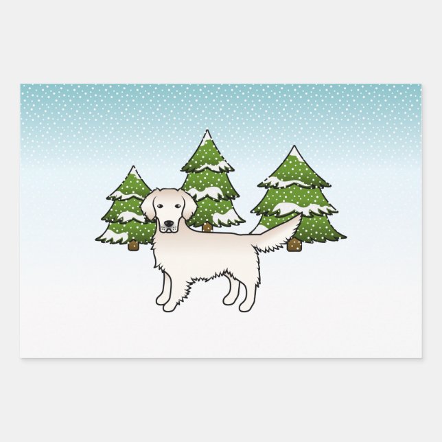 English Cream Golden Retriever In Winter & Trees Wrapping Paper Sheets (Front)