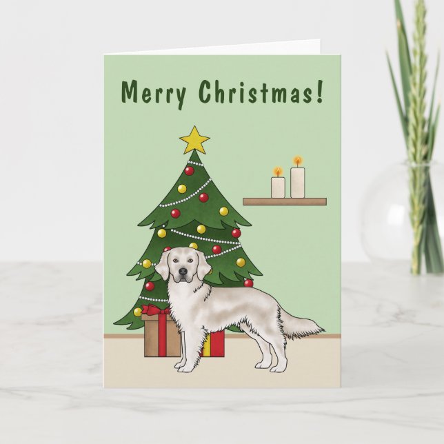 English Cream Golden Retriever With Christmas Tree Card (Front)
