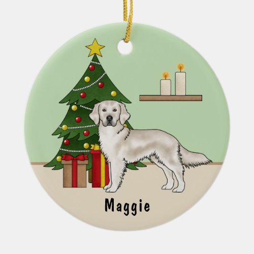 English Cream Golden Retriever With Christmas Tree Ceramic Ornament