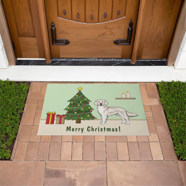 English Cream Golden Retriever With Christmas Tree Doormat (Outdoor)