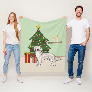 English Cream Golden Retriever With Christmas Tree Fleece Blanket