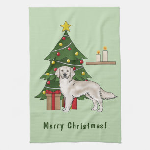 English Cream Golden Retriever With Christmas Tree Kitchen Towel