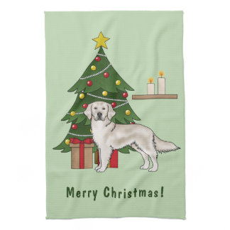 English Cream Golden Retriever With Christmas Tree Kitchen Towel