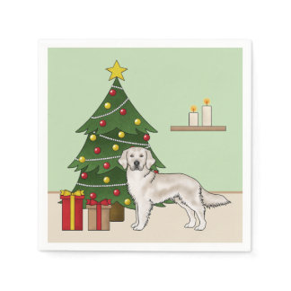 English Cream Golden Retriever With Christmas Tree Napkins