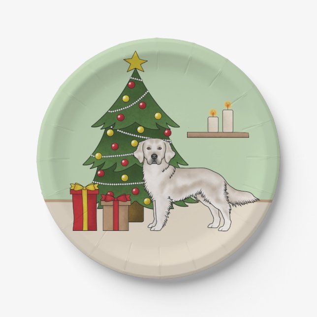 English Cream Golden Retriever With Christmas Tree Paper Plates (Front)