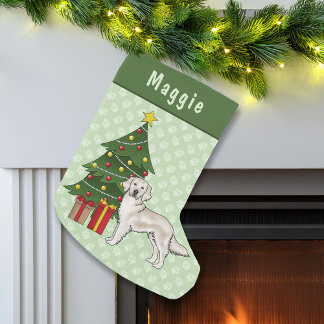 English Cream Golden Retriever With Christmas Tree Small Christmas Stocking