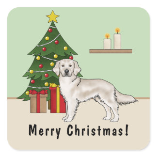 English Cream Golden Retriever With Christmas Tree Square Sticker