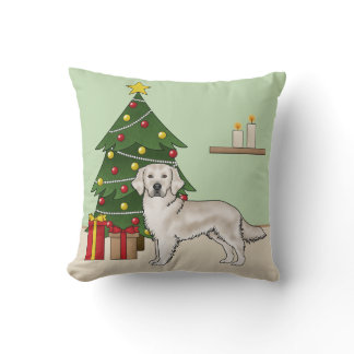 English Cream Golden Retriever With Christmas Tree Throw Pillow