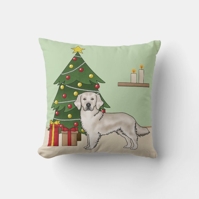 English Cream Golden Retriever With Christmas Tree Throw Pillow (Front)