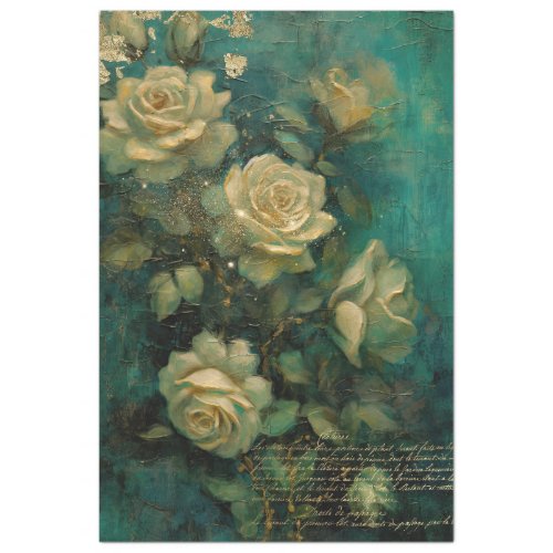 English cream roses gold foil emerald deep green  tissue paper