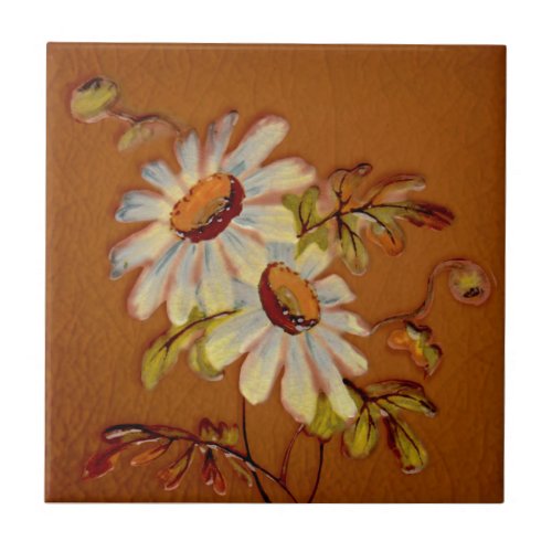 English Daises on Clay Color Barbotine Repro c1900 Ceramic Tile