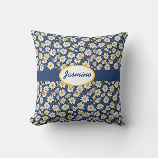 English Daisies on Blue Throw Pillow (Front)