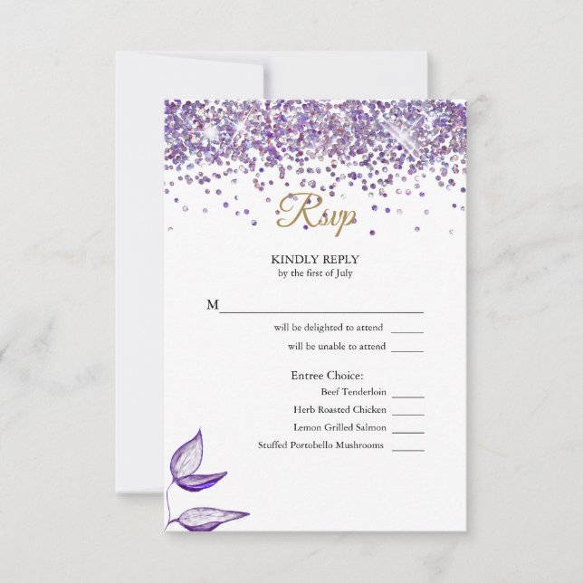 English - Español Purple Glitter Purpurina Morada RSVP Card (Front)