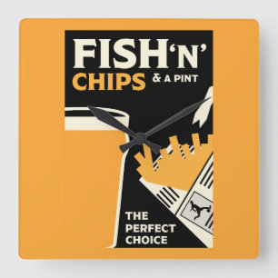 English Fish And Chips Square Wall Clock