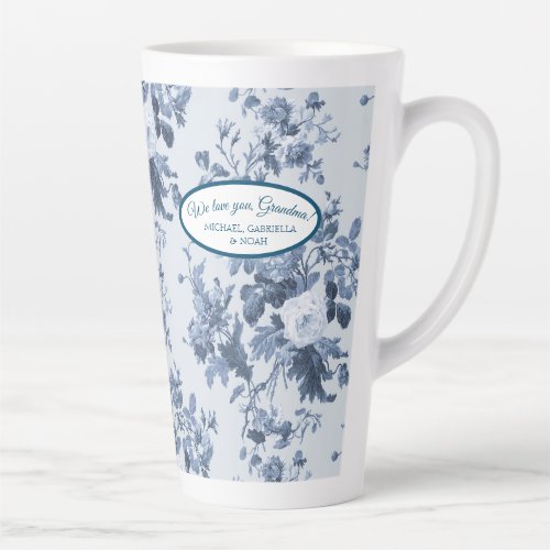 English Floral Garden Dusty Blue n White Grandma Latte Mug