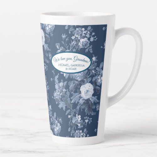 English Floral Garden Navy Blue n White Grandma Latte Mug