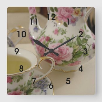 English Floral Teapot Teacup Wall Clcok Square Wall Clock by CindyBeePhotography at Zazzle