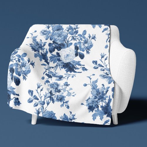 English Floral Vintage Blue White Elegant Home LG Sherpa Blanket