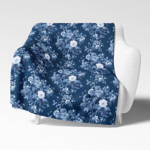 English Floral Vintage Navy Blue and White Elegant Sherpa Blanket