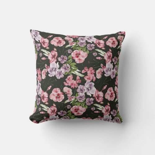 English flower design black ground pink blossom on throw pillow