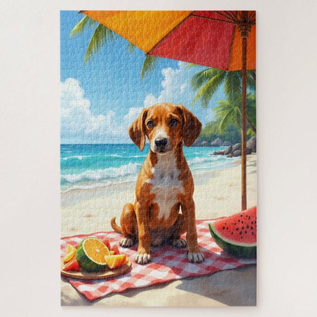 English Foxhound Beach Relax Scene Jigsaw Puzzle (Vertical)