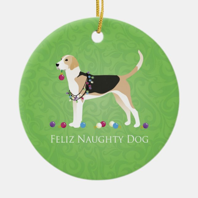 English Foxhound Christmas - Feliz Naughty Dog Ceramic Ornament (Front)
