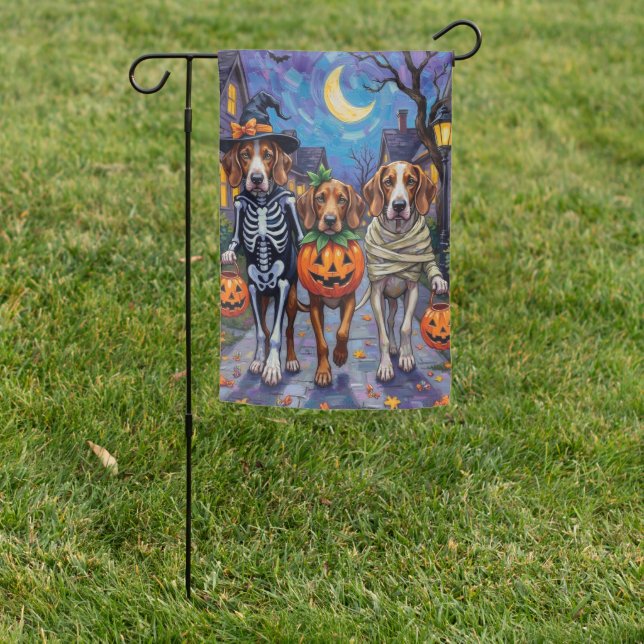 English Foxhound Dogs Trick-or-Treating Halloween  Garden Flag (In SItu)
