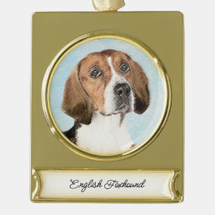 English Foxhound Painting - Cute Original Dog Art Gold Plated Banner Ornament