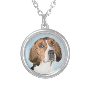 English Foxhound Painting - Cute Original Dog Art Silver Plated Necklace