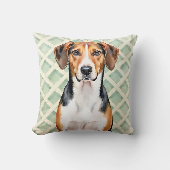 English Foxhound Watercolor Lattice Pattern Art Throw Pillow (Front)