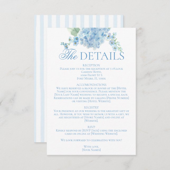 English Garden Blue Hydrangea Wedding Details Enclosure Card (Front/Back)