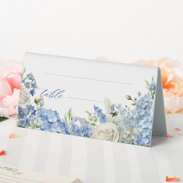 English Garden Blue Hydrangea White Roses Table Tent (In SItu (Wedding))