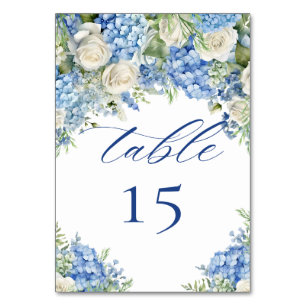 English Garden Blue Hydrangea White Roses Wedding Table Number