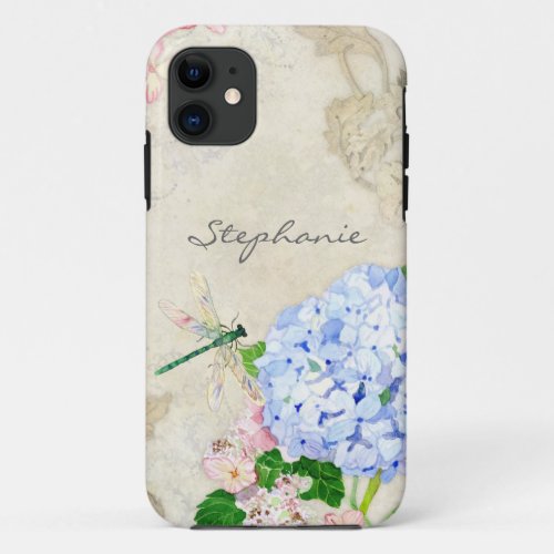 English Garden Blue n Pink Hydrangeas Watercolor iPhone 11 Case