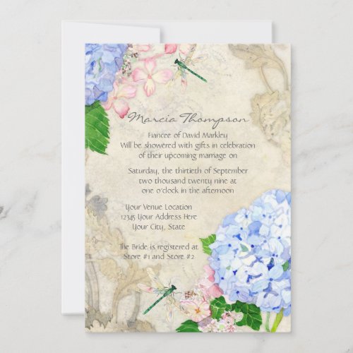 English Garden Blue n Pink Hydrangeas Watercolor Invitation