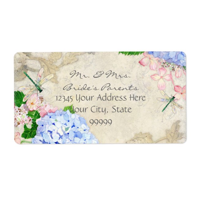 English Garden, Blue n Pink Hydrangeas Watercolor Label (Front)