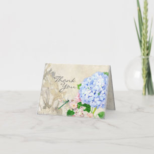 English Garden, Blue n Pink Hydrangeas Watercolor Letterpress Thank You Card