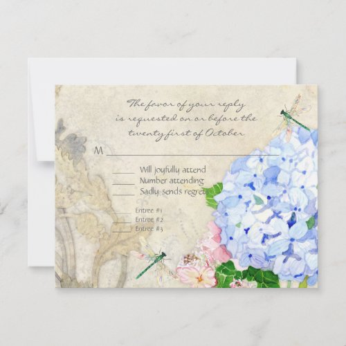 English Garden Blue n Pink Hydrangeas Watercolor RSVP Card