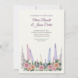 English Garden Border Lupins and Roses Wedding Invitation