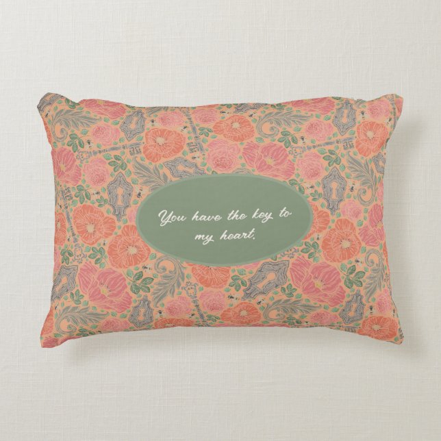 English Garden Chintz Poppies Key to my Heart Accent Pillow (Front)