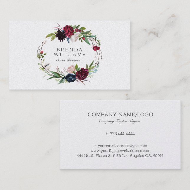 English garden colorful flowers wreath business ca business card (Front/Back)