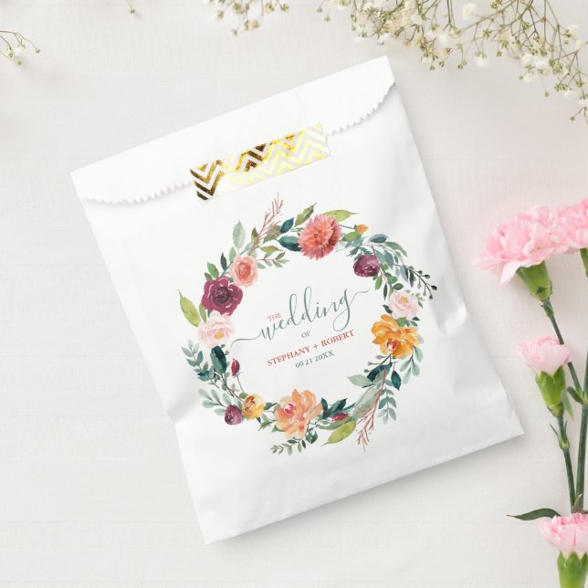 English Garden Flowers Wreath Custom Wedding Text Favor Bag (Sealed)