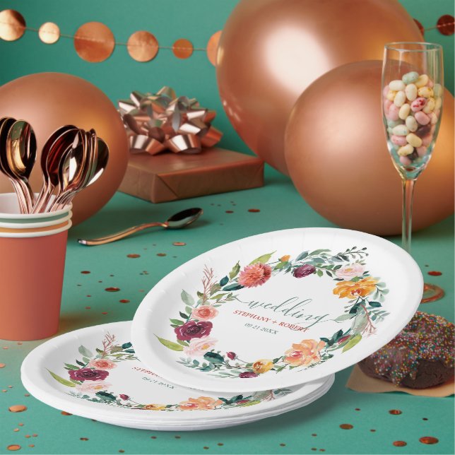 English Garden Flowers Wreath Custom Wedding Text Paper Plates (Multi)