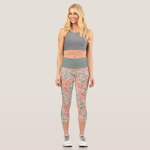 English Garden Moss and Poppy Floral  Capri Leggings