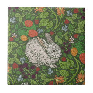 English Garden Rabbits Woodcut Ceramic Tile