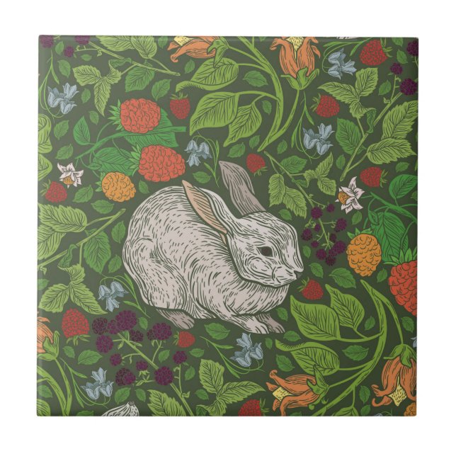 English Garden Rabbits Woodcut  Ceramic Tile (Front)