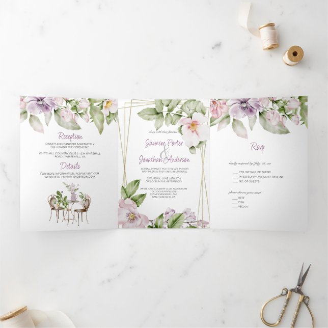 English Garden Wedding & Menu Invitation Tri-Fold (Inside)