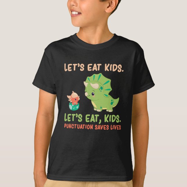 English Grammar Punctuation Humor Trex Dinosaur T-Shirt (Front)