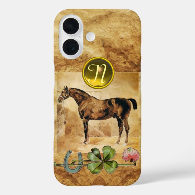 ENGLISH HORSE,HORSESHOE,CLOVER Monogram Parchment Case-Mate iPhone Case (Back)