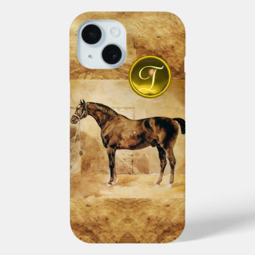 ENGLISH HORSE IN STABLE BROWN PARCHMENT MONOGRAM iPhone 15 CASE